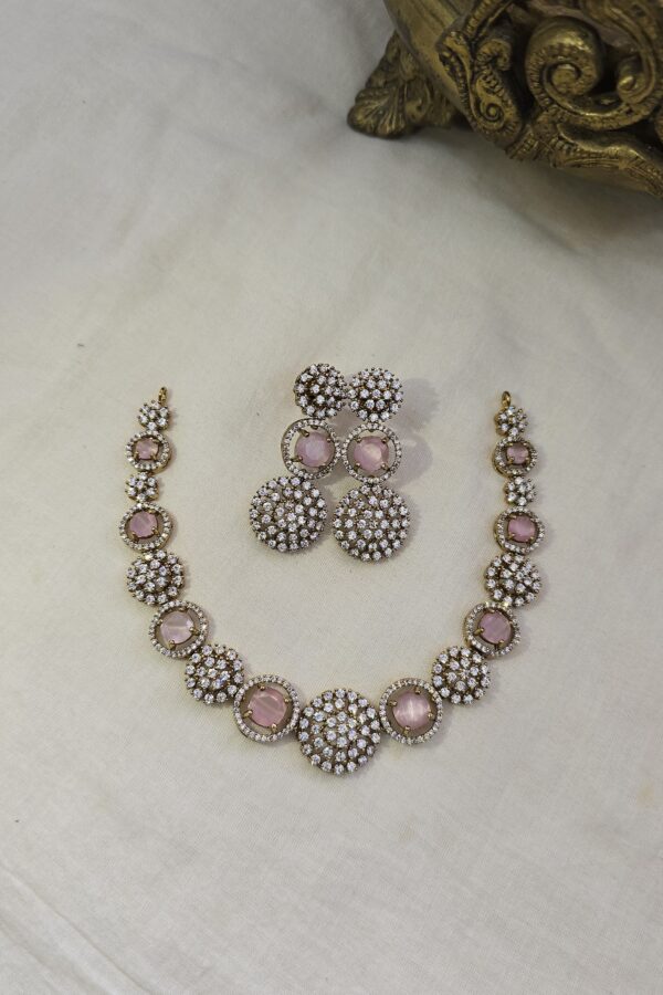 Victorian mehandi finish pink stone neckset with back chain